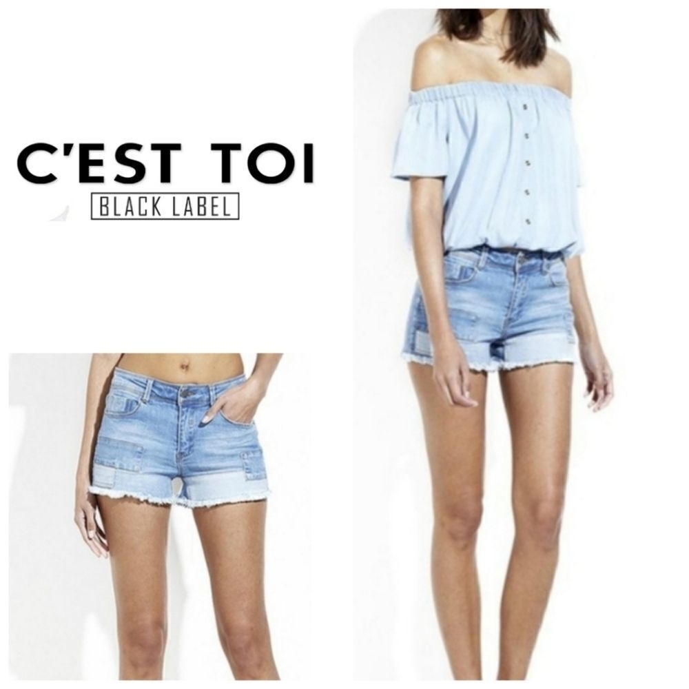 Patched Jean Shorts with Frayed Hem